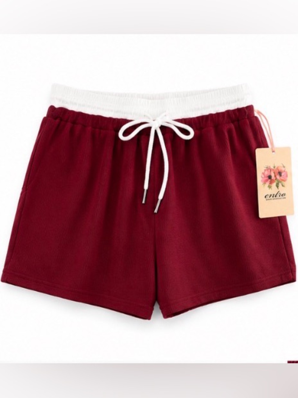 Entro Burgundy Ribbed Contrast Waist Drawstring Shorts NWT Small